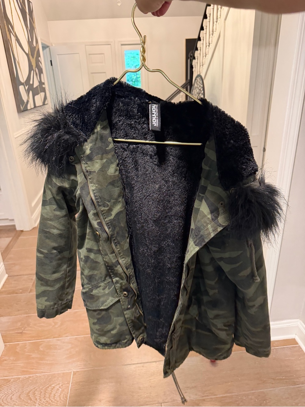 Jou Jou Green Camo Parka with Black Faux-Fur Trim